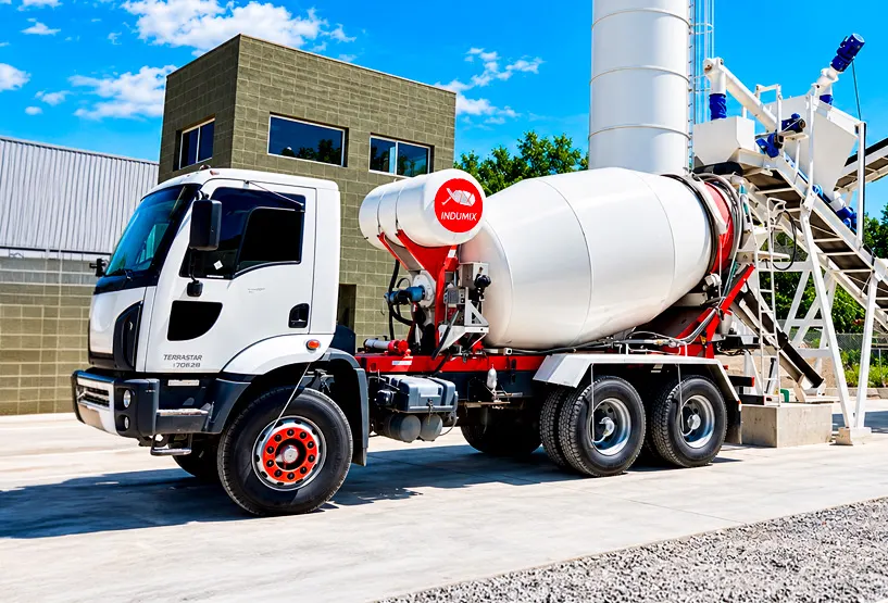 Camión mixer blanco estacionado junto a una planta de hormigón